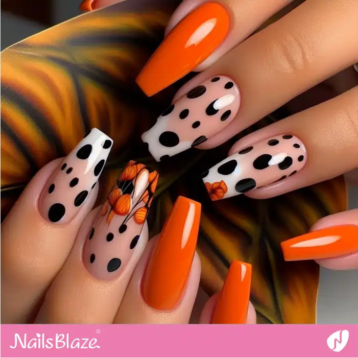 Dalmatian Print Design Orange and Nude Nails | Animal Print Nails - NB1982
